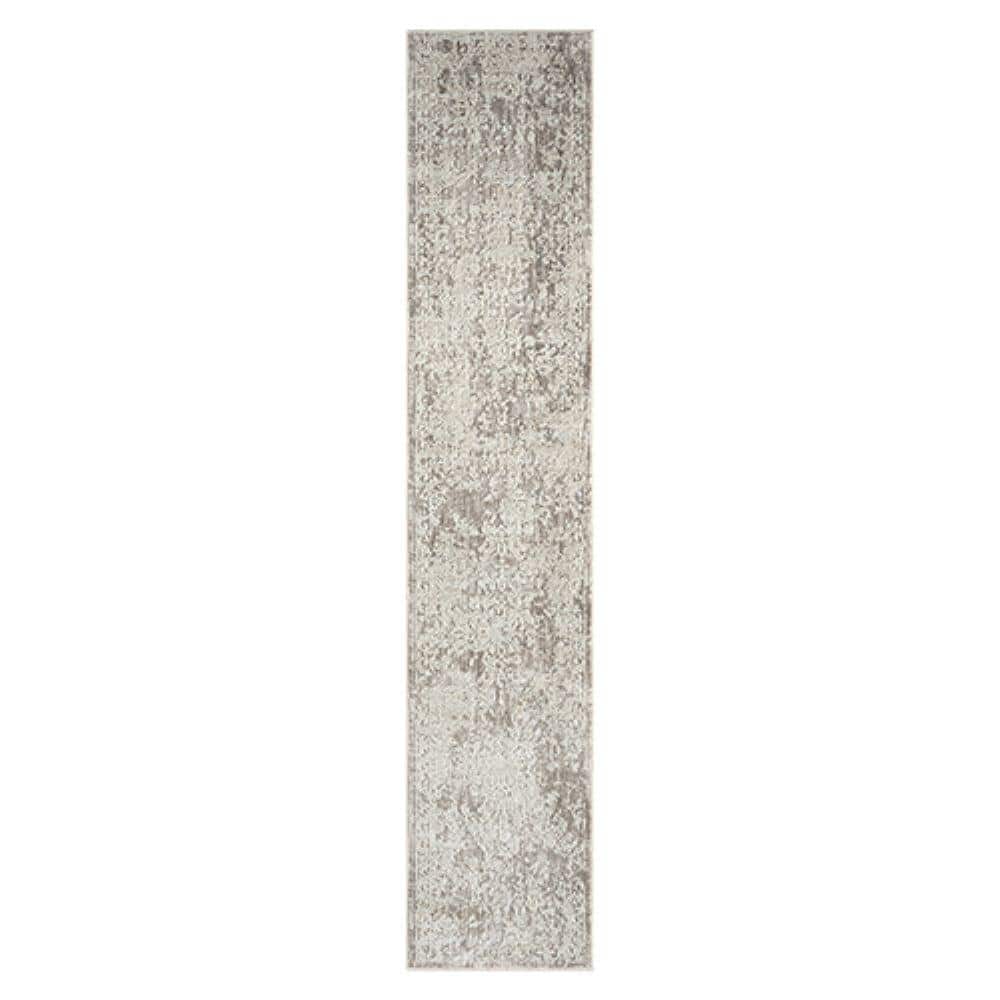 Transitional Distressed Gray 2 ft. x 10 ft. Bordered Floral High-Low Textur