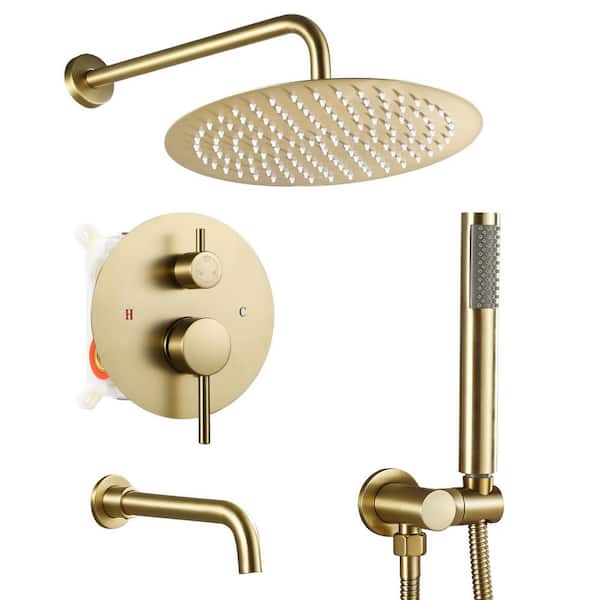 Single Handle 3-Spray 12 in. Shower Faucet 2.0 GPM with Pressure Balance 360 Degree Swivel in Brushed Gold