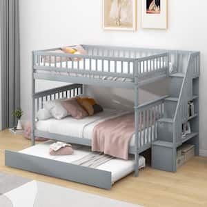 Classic Gray Full over Full Bunk Bed with Trundle and Storage Staircase