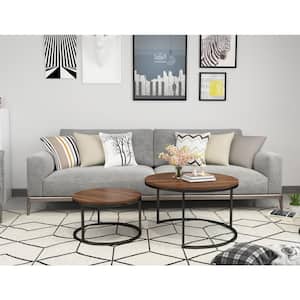 29 .5 in. Black Metal Frame Walnut Top Round MDF Wood Modern Nesting Coffee Table with 2 Pieces