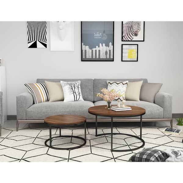 CIPACHO 29 .5 in. Black Metal Frame Walnut Top Round MDF Wood Modern Nesting Coffee Table with 2 Pieces