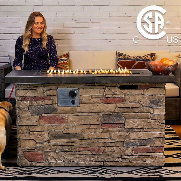 42 in. Propane Beige Rectangular Concrete Outdoor Fire Pit Table with Pulse Ignition for Patio Deck Garden Backyard