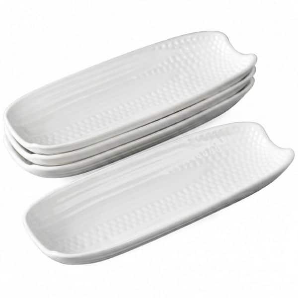 Ceramic Corn on the Cob Holders and Serving Dishes Set of 4 with Non-Slip Bottom and Embossed Kernel
