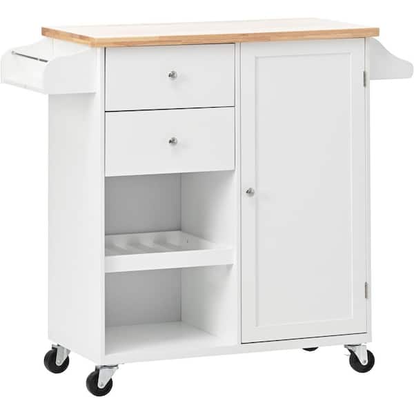 Polibi White Kitchen Cart with Spice Rack, Towel Rack and 2-Drawers, Rubber wood top, Kitchen Island with 5-Wheels