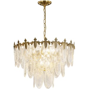 Brass Modern Crystal Leaf Chandelier, 9-Light Gold Pendant Light with 3-Tier Leaf Crystal Lampshade, Bulbs Included