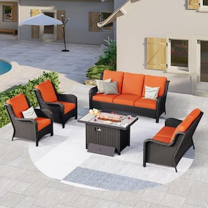 Joyoung Brown 5-Piece Wicker Patio Rectangle Fire Pit Conversation Seating Set with Orange Red Cushions