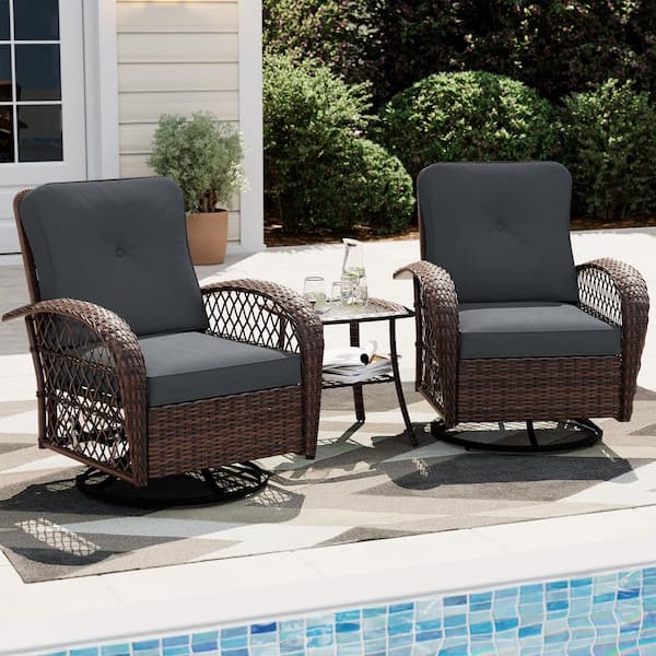 UPHA 3-Piece Brown Wicker Swivel Patio Outdoor Rocking Chair