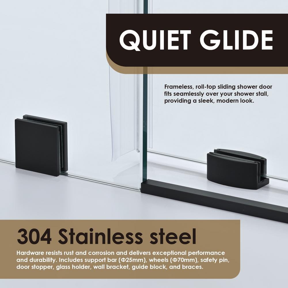 60'' Matte Black Frameless Sliding Shower Door with Clear Tempered Glass