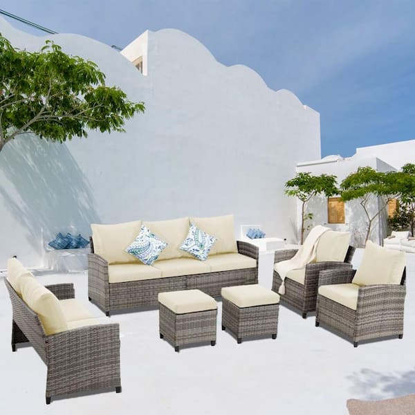 Cesicia 6-Piece Gray Wicker Outdoor Sectional Set with Beige Cushions ...