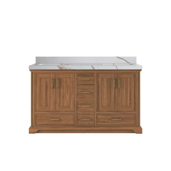 Willow Collections Charlotte Teak 60 in. W x 22 in. D x 36 in. H Double Sink Bath Vanity in Dark Natural with 2 in. Calacatta Gold Qt. Top