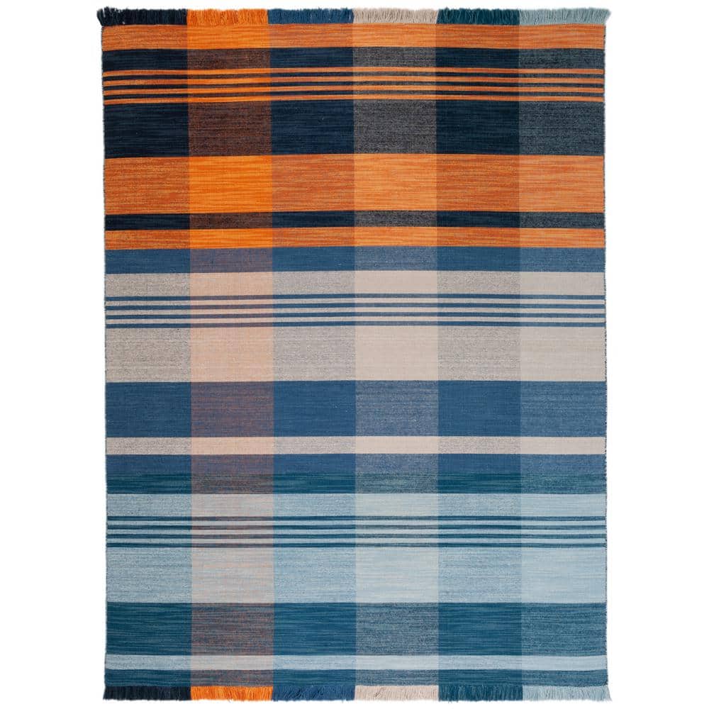 Blue and Orange Striped Wool Kilim Area Rug