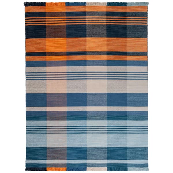SAFAVIEH Striped Kilim Orange Blue 9 ft. x 12 ft. Plaid Striped Area Rug