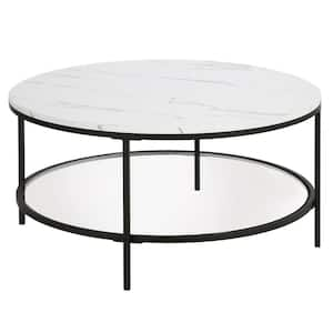 36 in. Black Round Faux Marble Coffee Table with Shelves;Storage