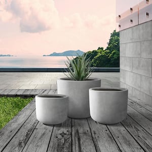 Round Natural Finish Lightweight Concrete & Fiberglass Weather Resistant Planters with Drainage Holes (Set of 3)
