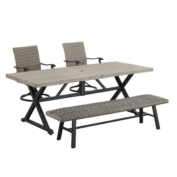 ULAX FURNITURE 4-Piece Metal Outdoor Dining Set with Rectangle Table, Wicker Bench and 2 Swivel Chairs