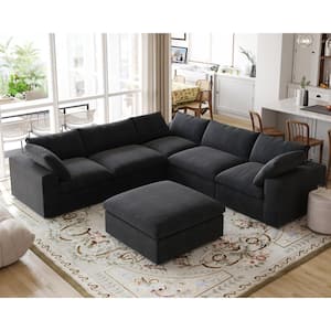 120.45 in. L-Shape 6-Piece 30% Linen Down Filled Rectangle Sectional Sofa Seperable Corner Couch with Ottoman in Black