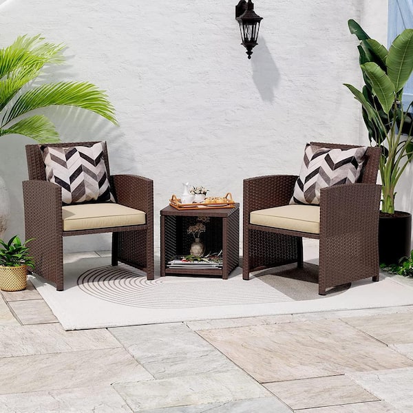 Unbranded Casual Outdoor 3-Piece Wicker Patio Furniture Set with Storage Coffee Table Outdoor Bistro Set in Brown