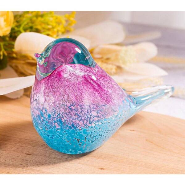 海外の置物 3.5 in. x 5.5 in. Hand Blown Glass Blue Bird Figurine:Pink & Blue