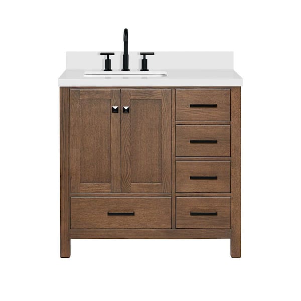 Cambridge 36 in. Single Sink Freestanding Bathroom Vanity in Brown Oak with Pure White Quartz Top