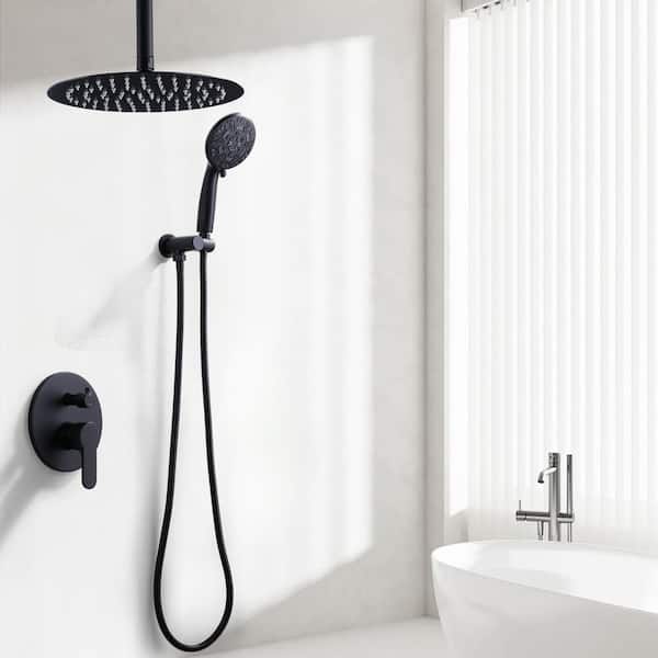 2 Spray Pattern 12 in. Dual Shower Head and Handheld Shower Head 1.8 GPM with Pressure Balance valve in Matte Black