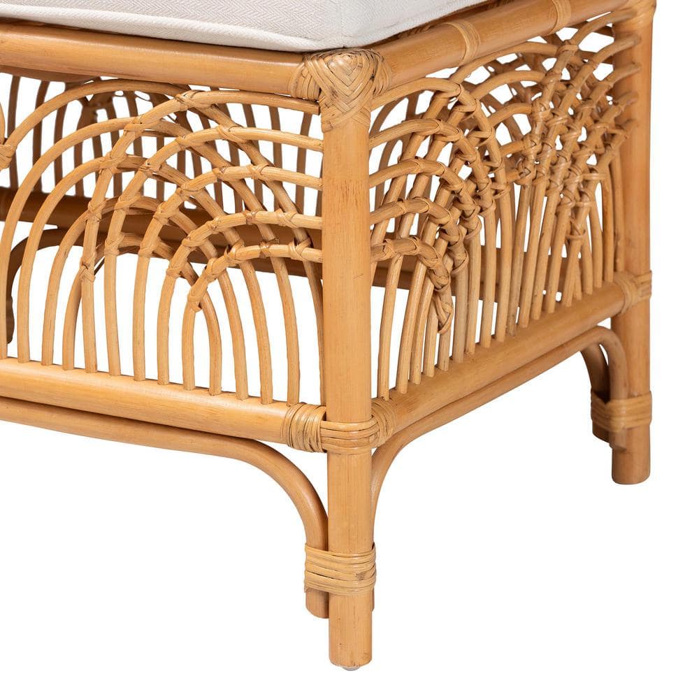Materra Natural Brown Rattan Bench with Plush White Cushion