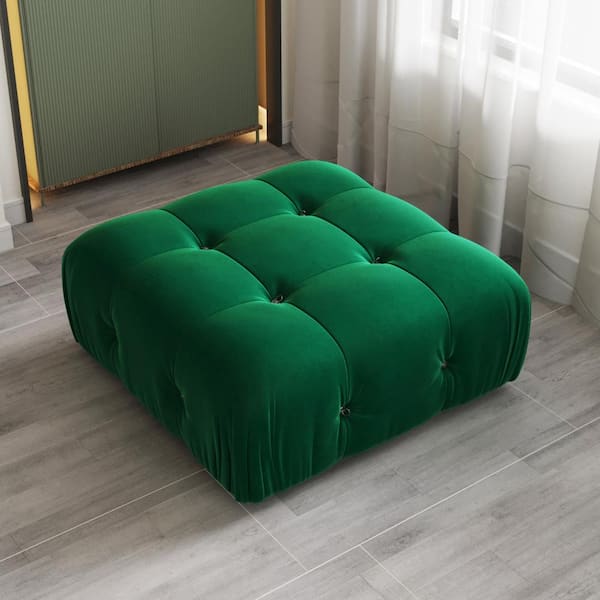 Magic Home 34.65 in. Large Square Bench Tufted Velvet Upholstered Armless Coffee Table Ottoman Living Room Apartment Sofa, Green