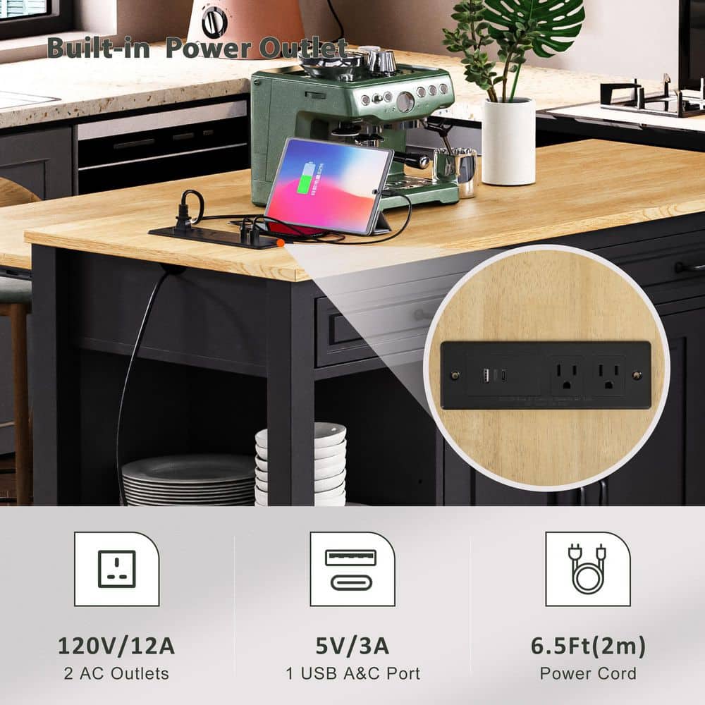 White Kitchen Cart with Extendable Dining Table, Internal Racks, 4 Open Side Shelves, 2-Drawer, Power Outlet - thumbnail 2