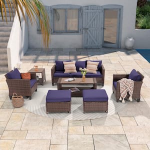 7-Piece Brown Wicker Outdoor Conversation Seating Sofa Set with Coffee Table, Navy Blue Cushions