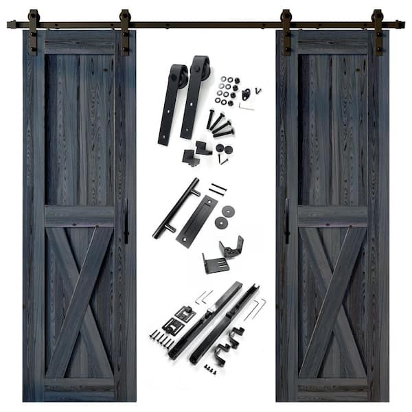 HOMACER 30 in. x 84 in. X-Frame Navy Double Pine Wood Interior Sliding Barn Door with Hardware Kit Non-Bypass