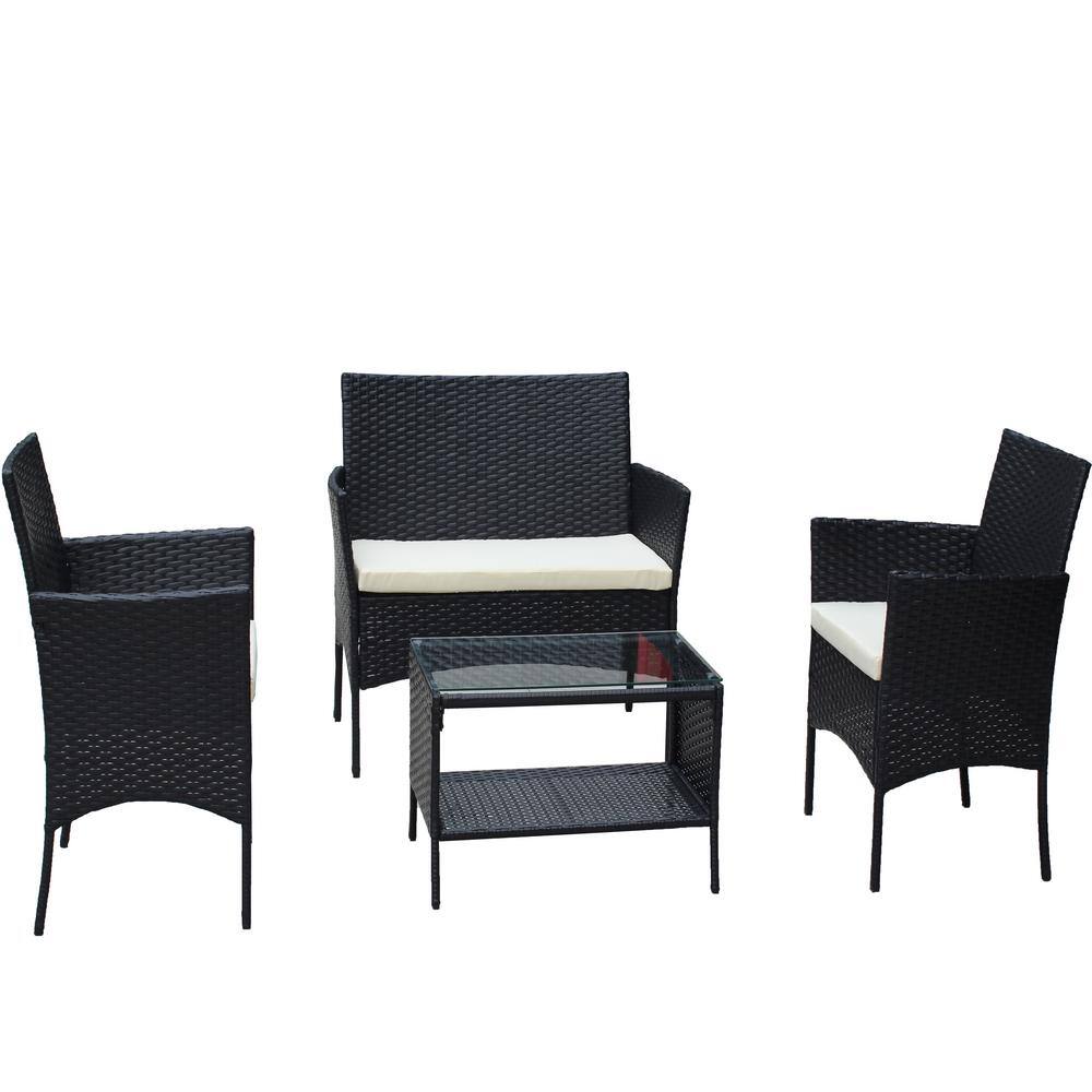 4 -Piece Black Wicker Rattan Patio Furniture Set Outdoor Patio Cushioned Sectional Seat Sofa with Beige Cushion price history on PriceWatchPro