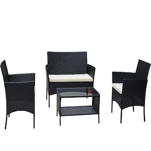 4 -Piece Black Wicker Rattan Patio Furniture Set Outdoor Patio Cushioned Sectional Seat Sofa with Beige Cushion