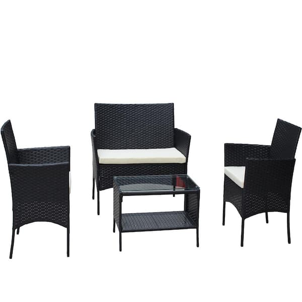 Tenleaf 4 -Piece Black Wicker Rattan Patio Furniture Set Outdoor Patio Cushioned Sectional Seat Sofa with Beige Cushion
