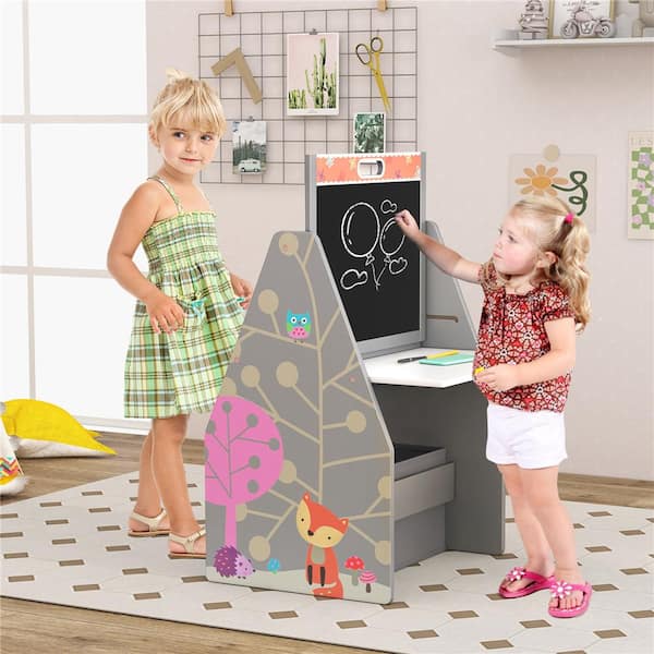 Kids Table and Chair Set with Rotatable Double-sided Magnetic Blackboard and Whiteboard Grey