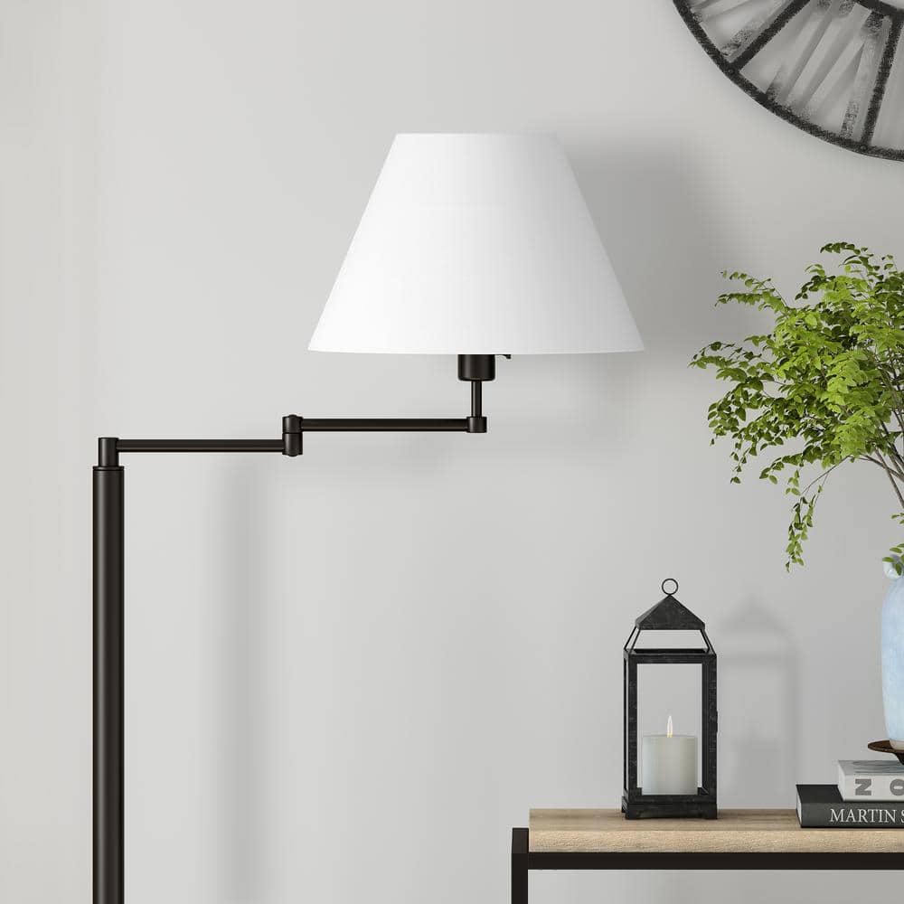 Blackened Bronze Adjustable Swing Arm Floor Lamp with White Shade