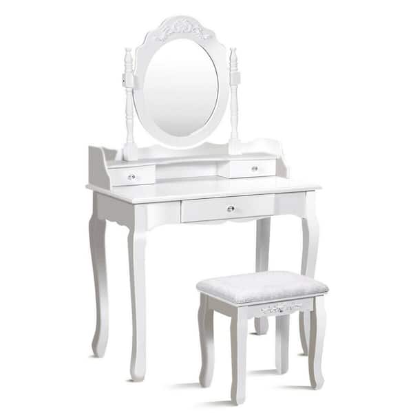 Costway 3-Piece White Vanity Table Set Bathroom Mirror Wood Makeup Dressing Table Stool 3-Drawer