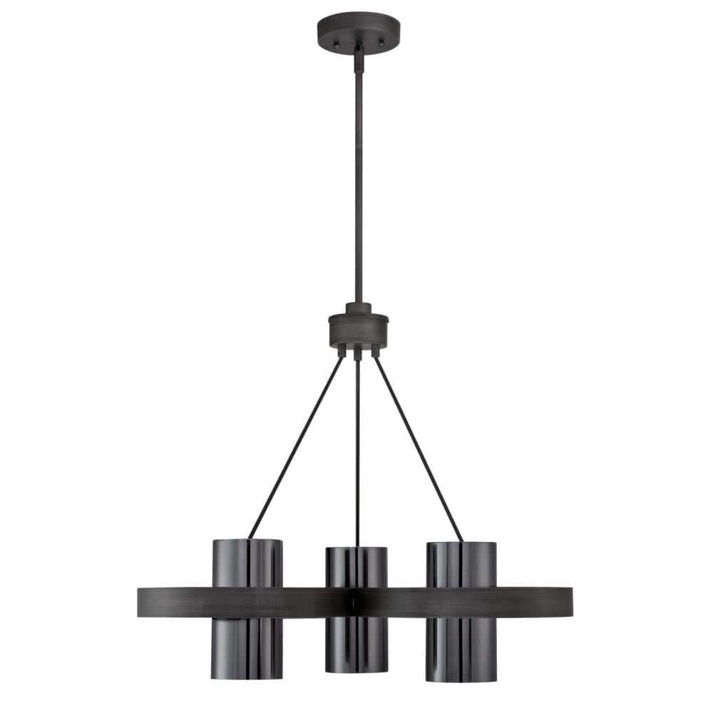 Black Aluminum 3-Light Chandelier with Gun Metal Shades