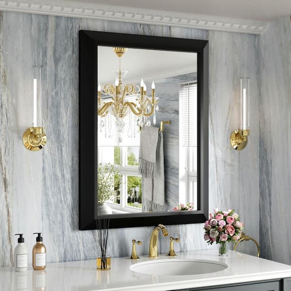 Apmir 24 in. W x 32 in. H Rectangular Aluminum Alloy Framed and Tempered Glass Wall Bathroom Vanity Mirror in Matte Black