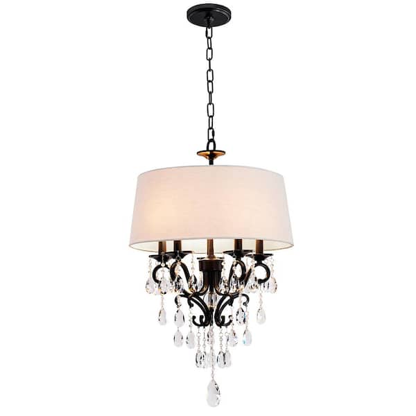 KAWOTI 18 in. 5-Light Blackened Bronze Crystal Chandelier with Fabric Shade