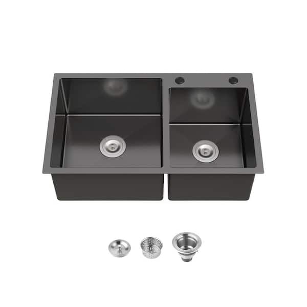 32 in. L x 19 in. W Drop-In Double Bowl 16-Gauge Stainless Steel Kitchen Sink in Gunmetal Black