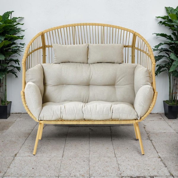 Egg Chair Yellow PE Wicker Outdoor Loveseat with Beige Cushions