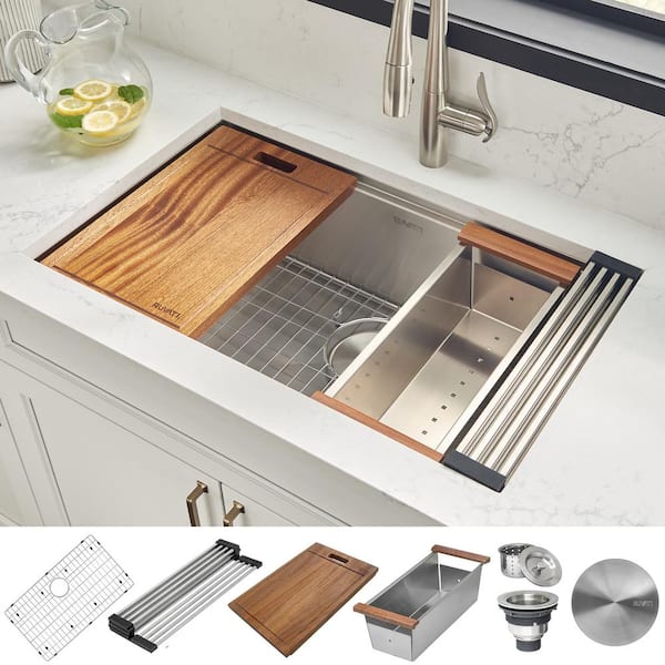 Photo 1 of 32 in. Single Bowl Undermount 16-Gauge Stainless Steel Ledge Kitchen Sink with Sliding Accessories