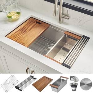 28 in. Single Bowl Undermount 16-Gauge Stainless Steel Ledge Kitchen Sink with Sliding Accessories