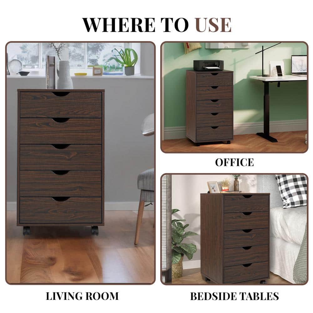 Espresso Dark Wood 5-Drawer Mobile File Cabinet with Casters