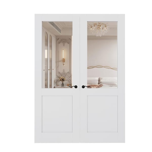 ARK DESIGN 72 in. x 80 in. Half Lite Mirrored Glass Solid Core MDF White Primed Double Prehung French Door with Assemble Jamb Kit