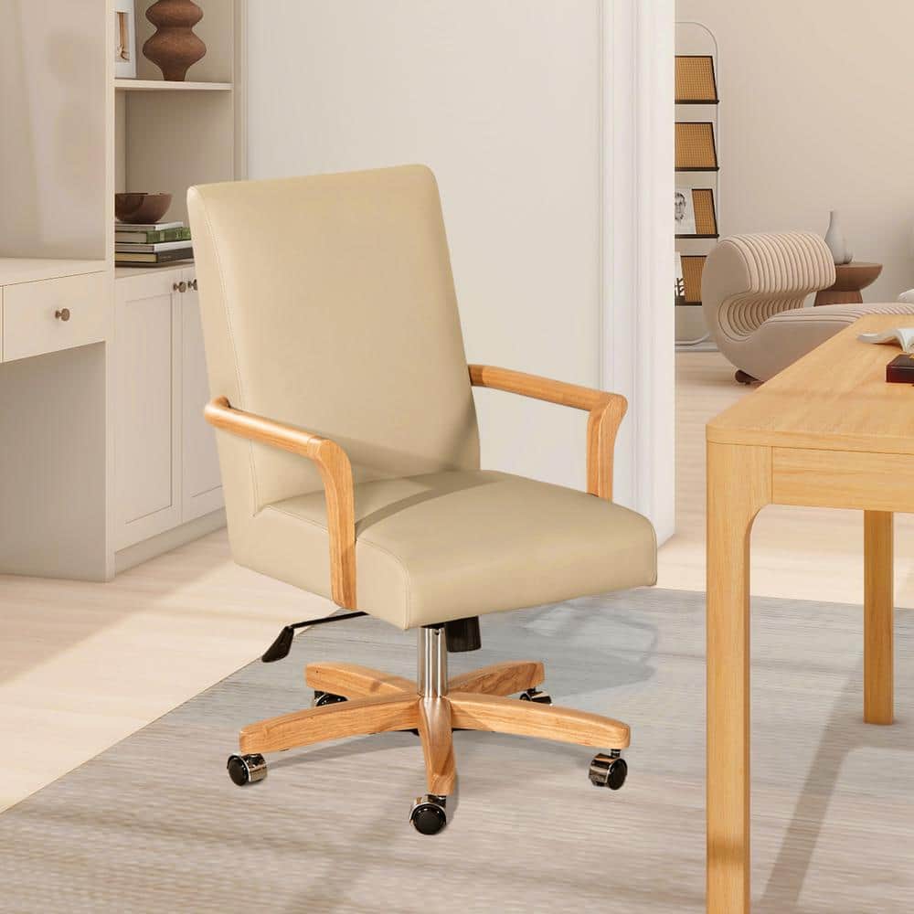 Dumont Cream Beige Leather and Natural Wood High Back Executive Office Chair