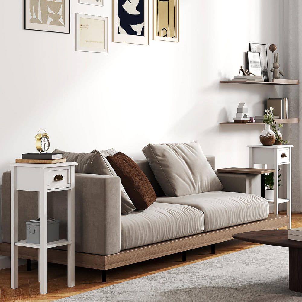 2-Tier Square 11.75 in. Side Table with Drawer, MDF Narrow End Table with Bottom Shelf, for Living Room, Set of 2, White