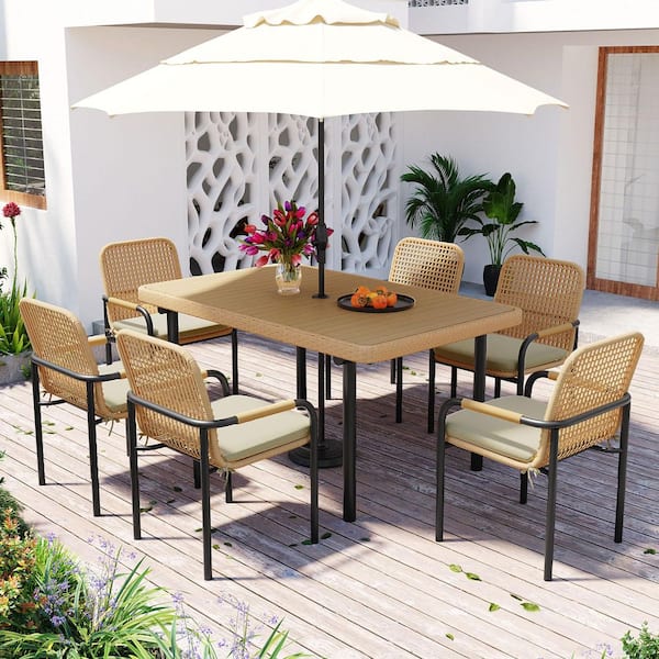 Unbranded 7 Piece Wicker Outdoor Dining Set, Patio Furniture Set, Plastic-Wood Table Top with Umbrella Hole, Oatmeal Cushion