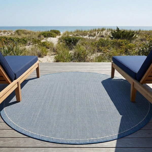 Recife Saddle Stitch Ivory-Blue 8 ft. x 8 ft. Flatwoven Solid Round Indoor/Outdoor Area Rug