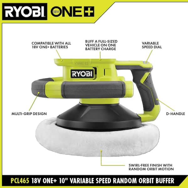 RYOBI ONE+ 18V Cordless 10 in. Variable Speed Random Orbit Buffer (Tool Only) with 8 in. - 10 in. Buffing Bonnet Set (2-Piece)
