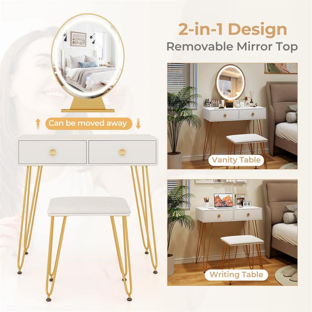 Elegance White Vanity Makeup Dressing Table Set with 3 Lighting Modes & Touch Mirror
